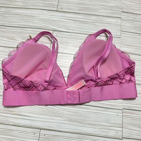 VICTORIA’S SECRET PINK PADDED TRIANGLE‎ PLAID PRINT LACE BRALETTE BRA NWT MEDIUM - Picture 3 of 5